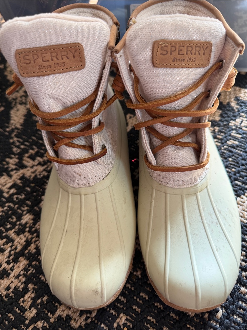 Sperry Cream Canvas and Tan Leather-Trim Duck Boots